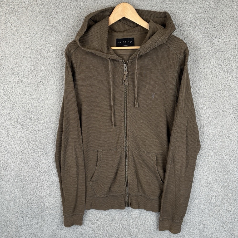 Allsaints Hoodie Mens Large Brown Full Zip Waffle Knit Sweatshirt‎ Cotton *READ*